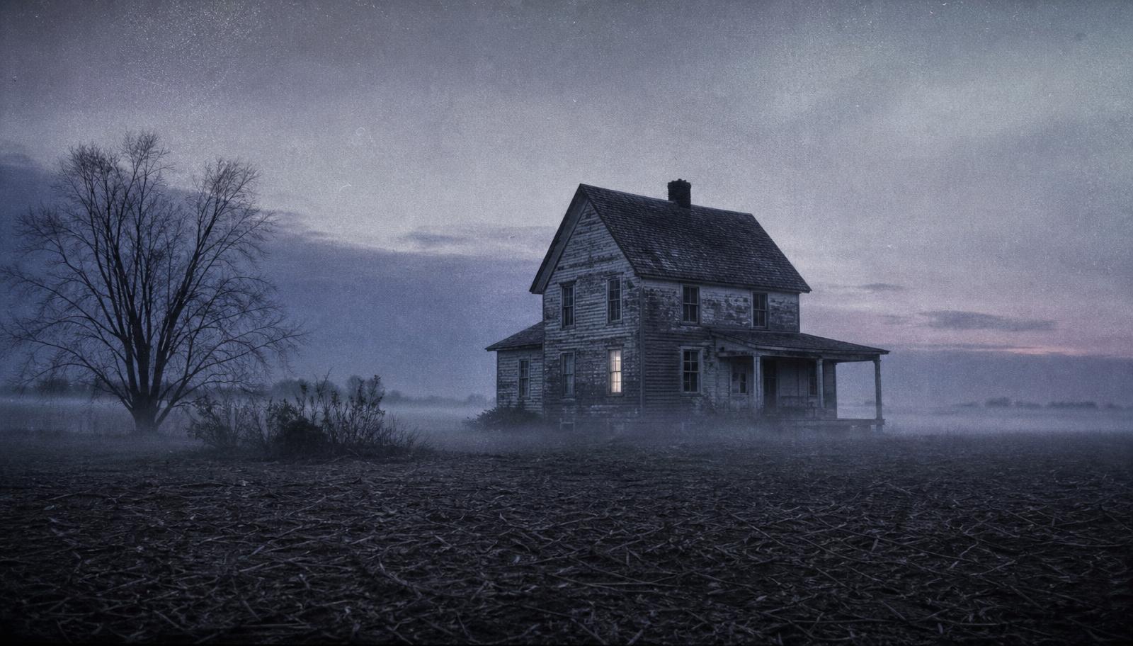 A weathered 1912-era Iowa farmhouse at grey dawn, low mist, grainy archival film
